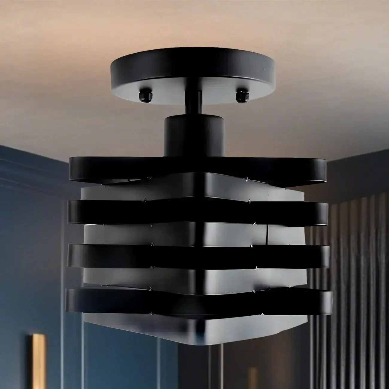 Industrial Geometric Black Iron Hallway Semi Flush Ceiling Light