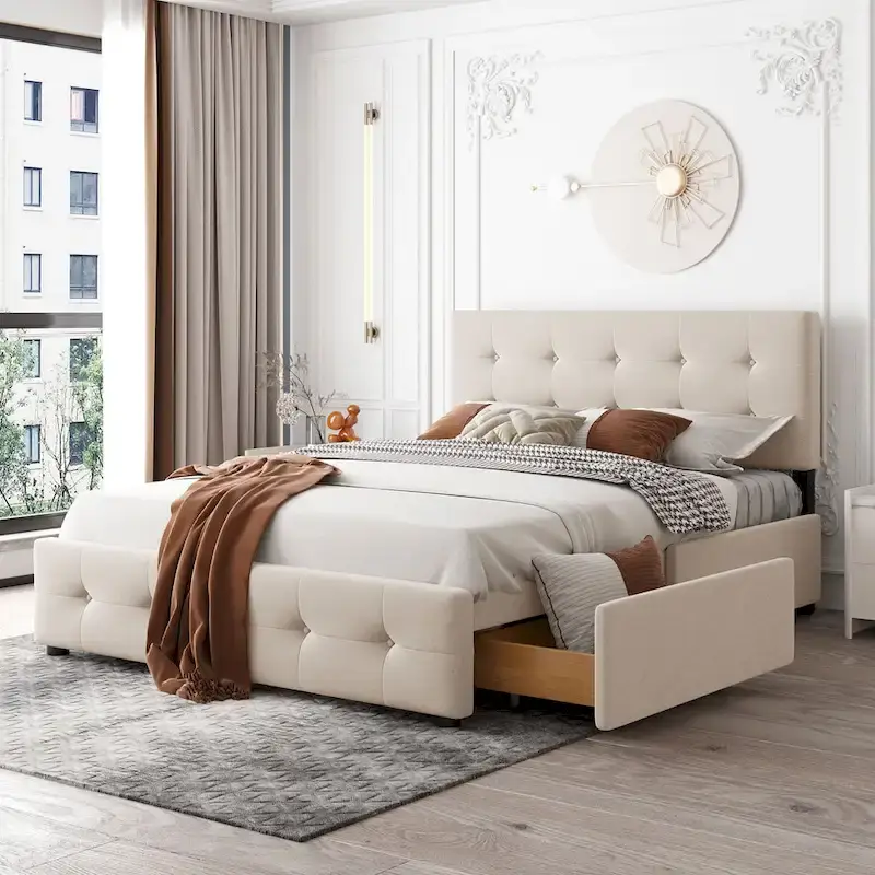 Platform Bed with Classic Headboard and 4 Drawers
