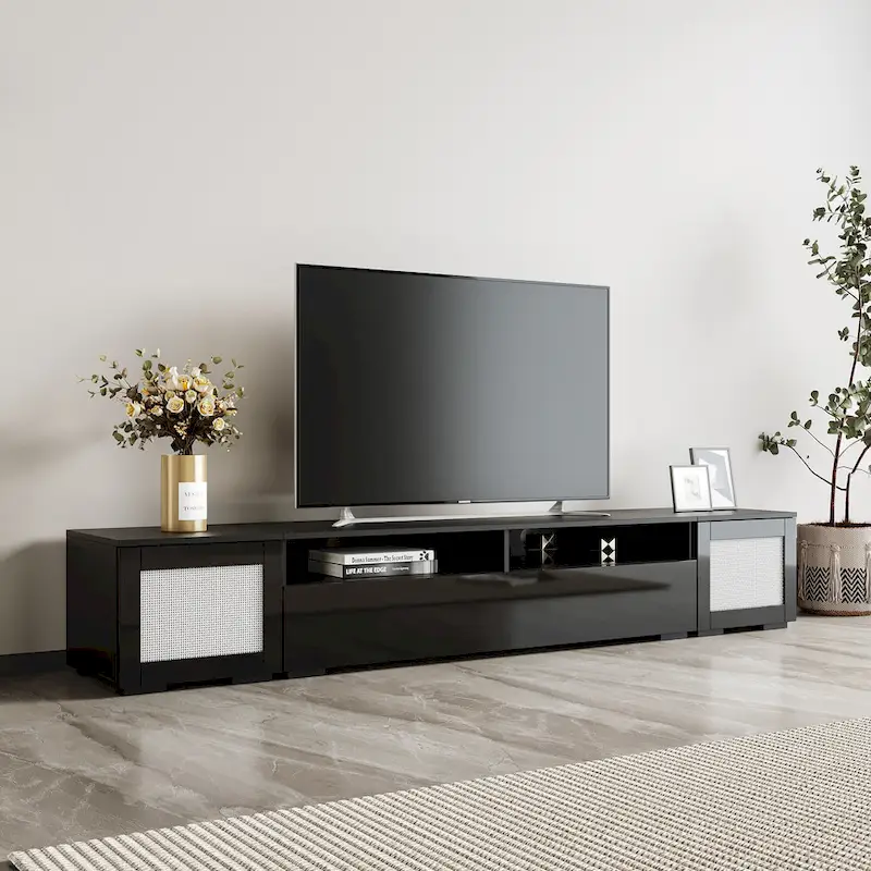 Black 82 TV Stand with Push-Open Doors & LED for TVs Up to 90