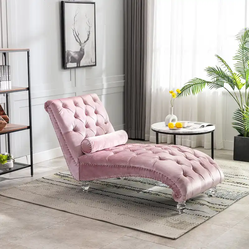 Button-Tufted Upholstered Velvet Recliner Chaise with Pillow and Acrylic Feet