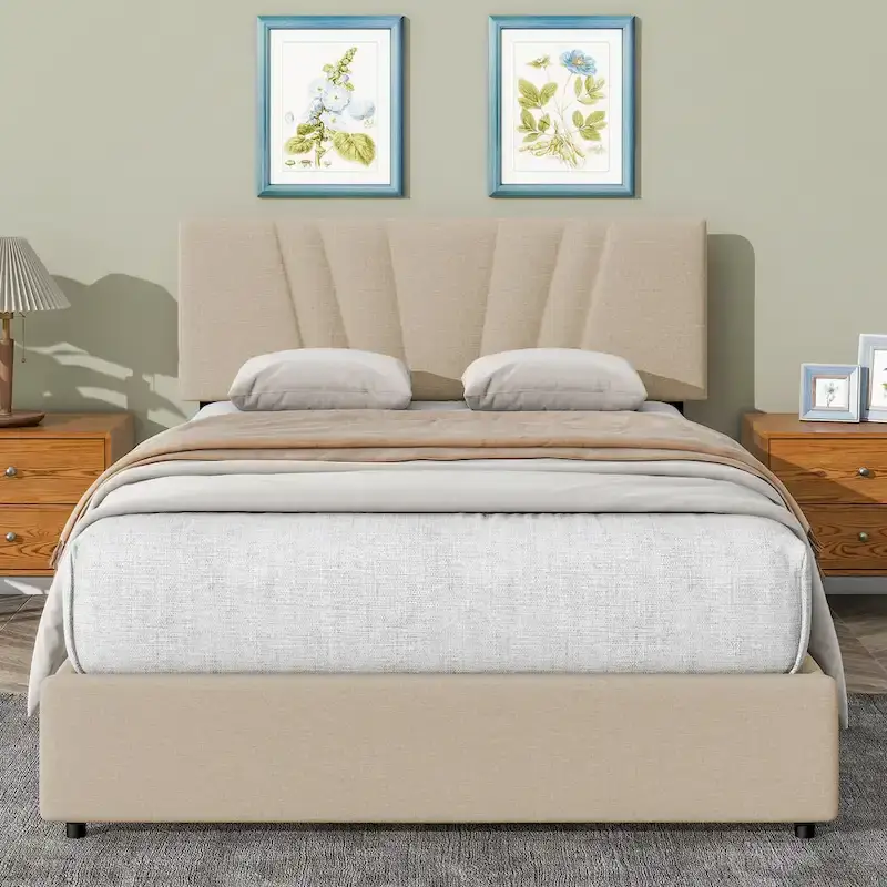 Beige Full Upholstered Platform Bed with Hydraulic Lift Storage and Tufted Headboard - Ideal for All Ages