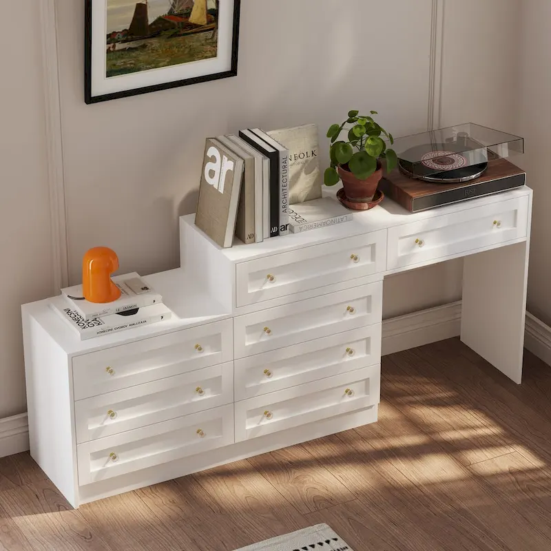 White Dresser and Vanity Versatile Storage Solution Crystal Desk