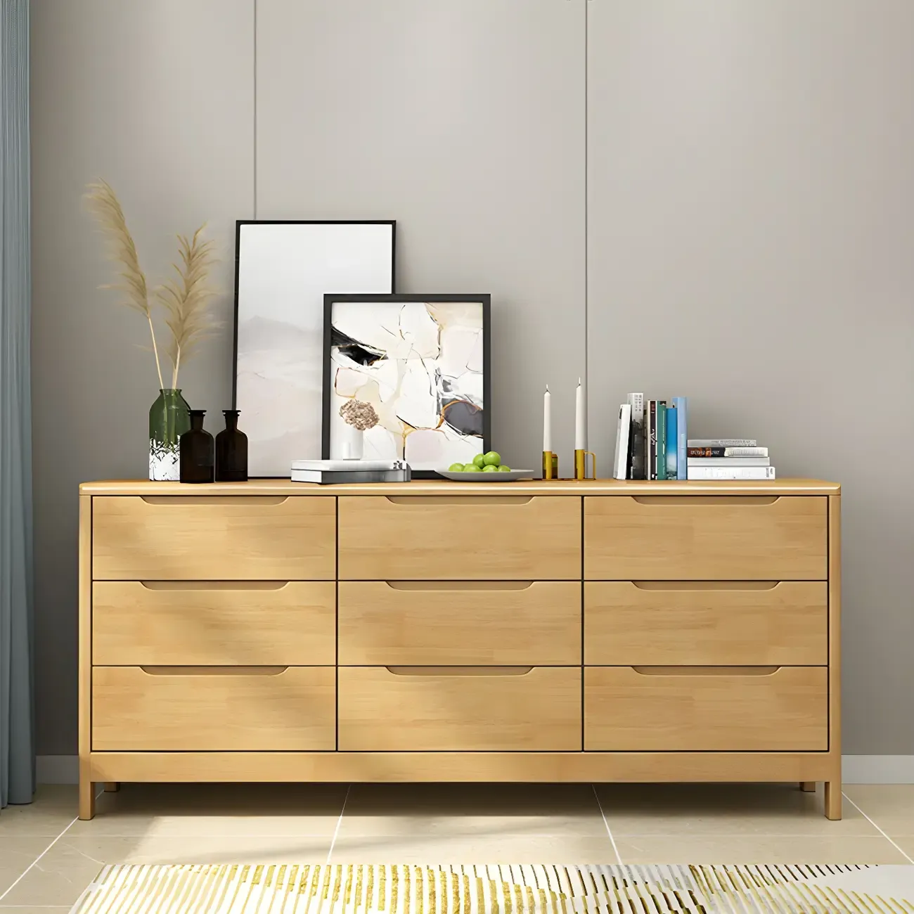 Narrow Rubberwood Natural Finish Double Dresser for Bedroom