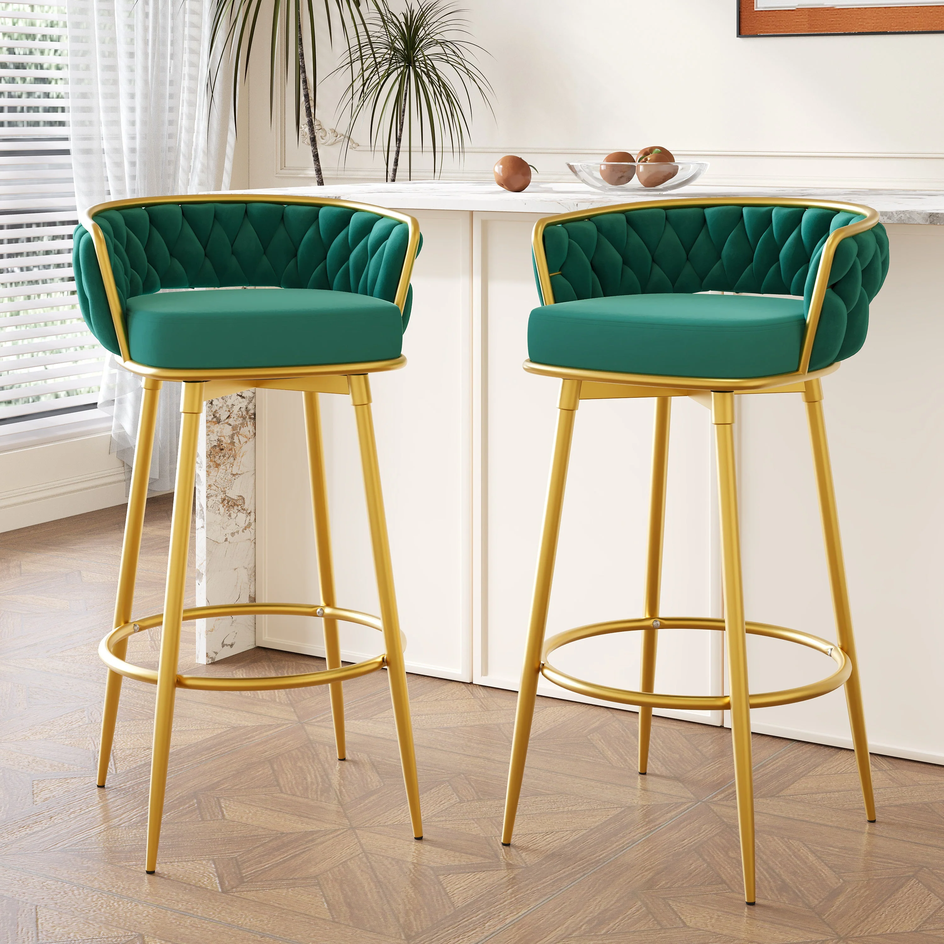 Set of 2 Velvet Swivel Bar Stools 180¡ã Gold Frame w/ Woven Back & Footrest