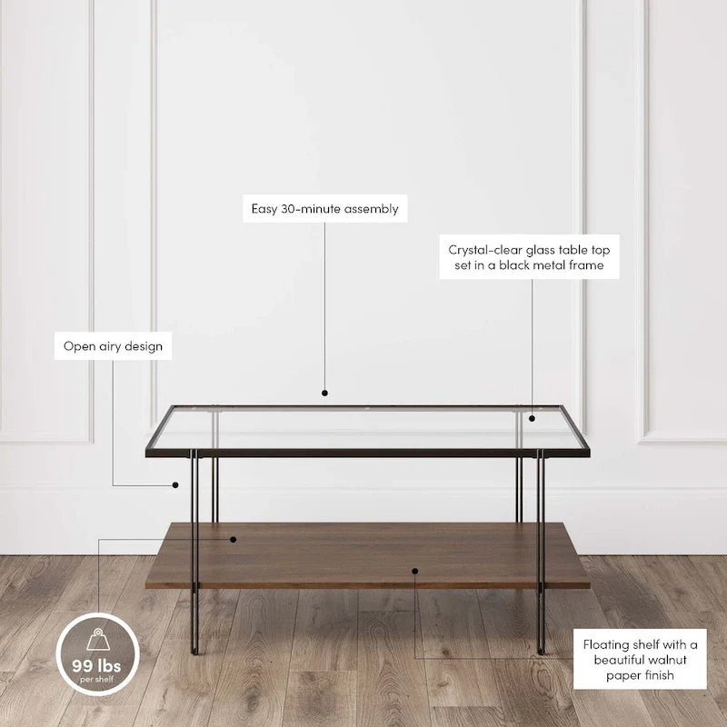 Mid-Century Coffee Table with Glass Top and Oak Shelf
