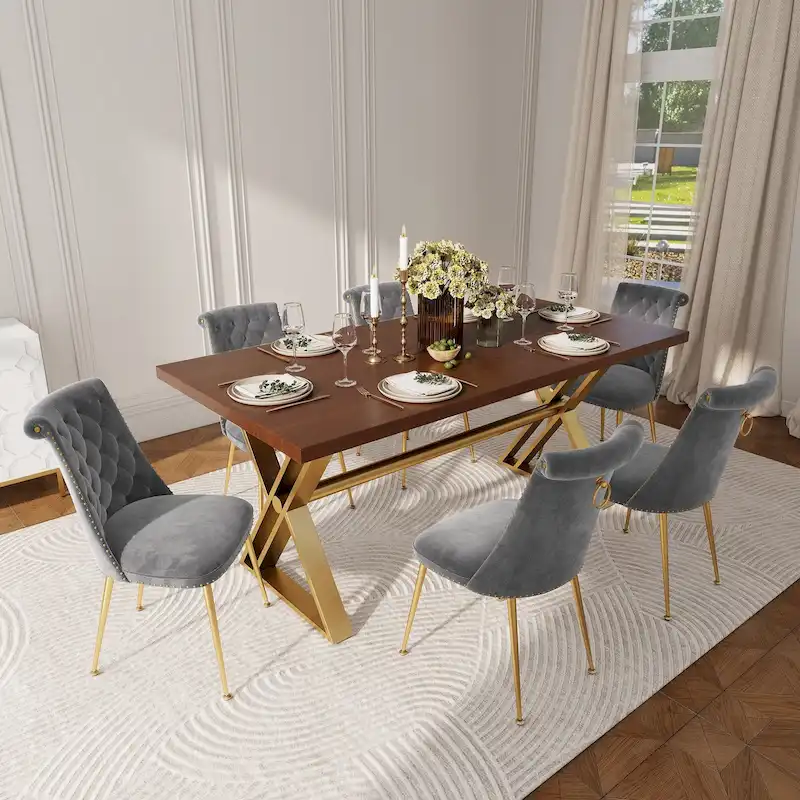 7-Piece  Walut Wood Dining Table with Velvet Chair Dining Chair