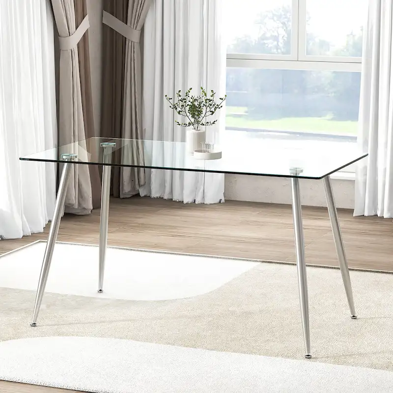 Gymax Modern Glass Dining Table Rectangular Dining Room Table W/Metal