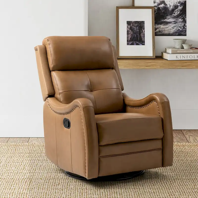 Genuine Leather Swivel Rocker Recliner with Nailhead Trims by