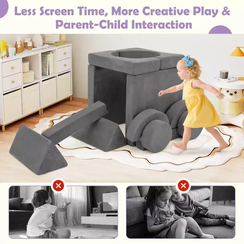 Costway 14 PCS Modular Kids Play Couch Child Sectional Sofa Toddler Soft Playset Blue/Gray/Yellow