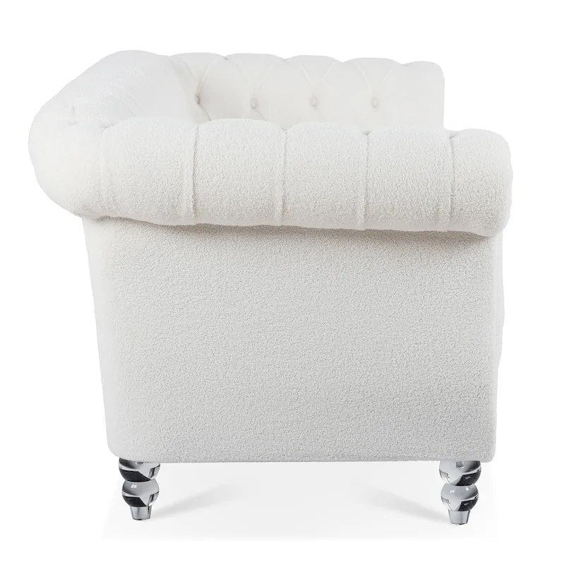 3-Seater Sofa, Button-Tufted, Rolled Arms, Nailhead Trim, Low Back, Upholstered, Seats 3, White