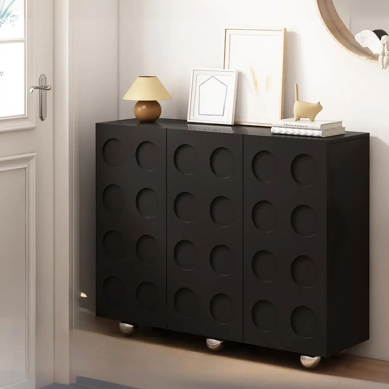 Hallway Black Engineered Wood Shoe Cabinet on Wheels