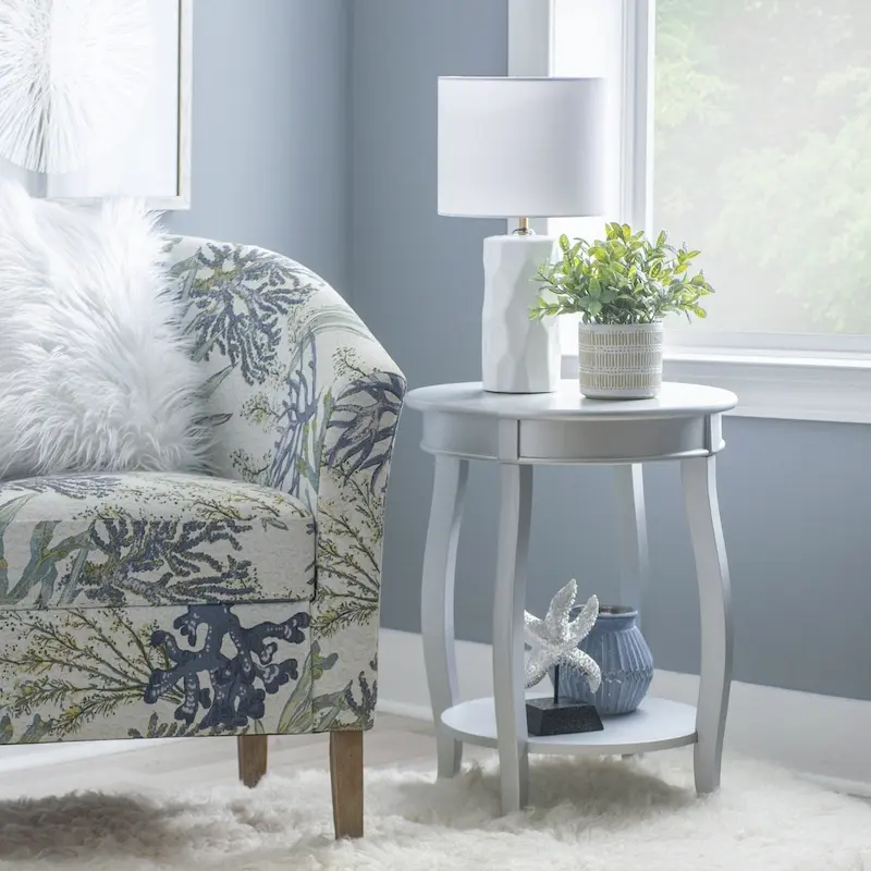 Penelope White Round Table with Shelf