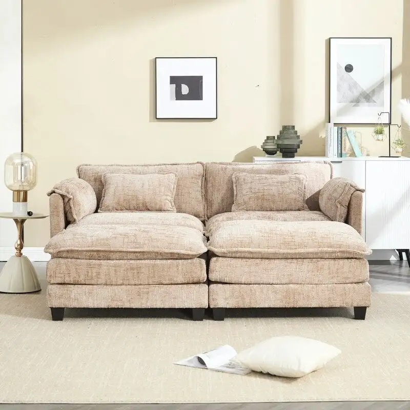 76.77  Chenille Upholstered Sofa with 2 Ottomans