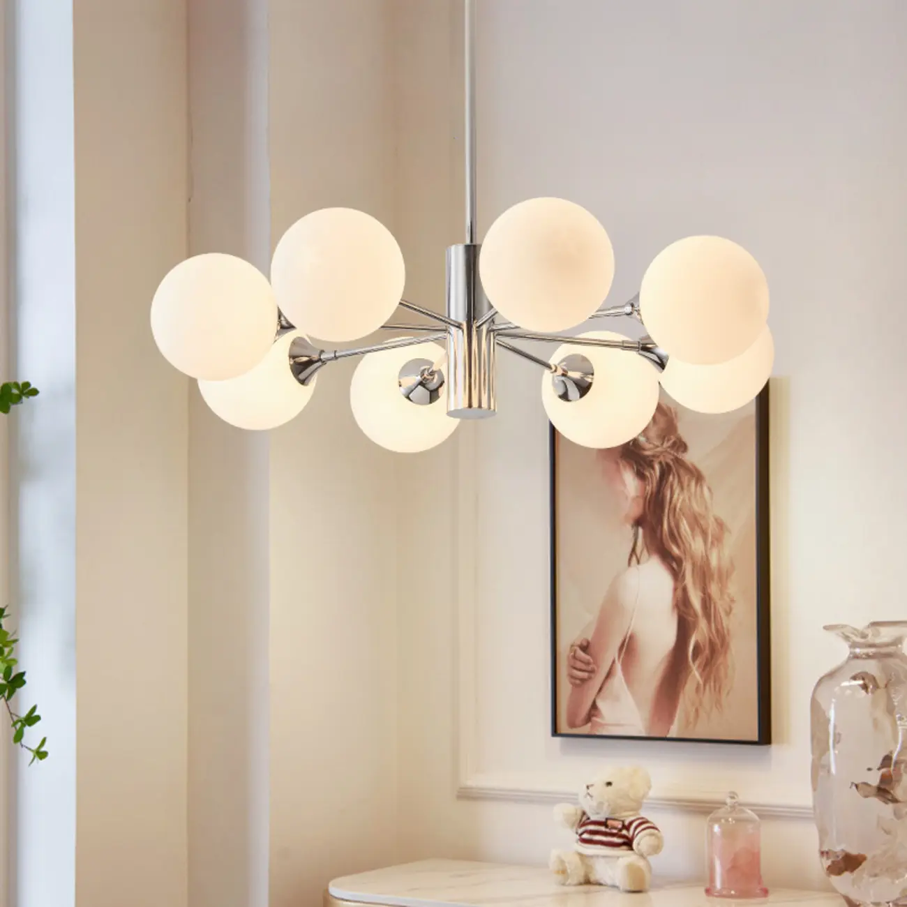 Modern Silver Sputnik Chandelier with White Globe Glass