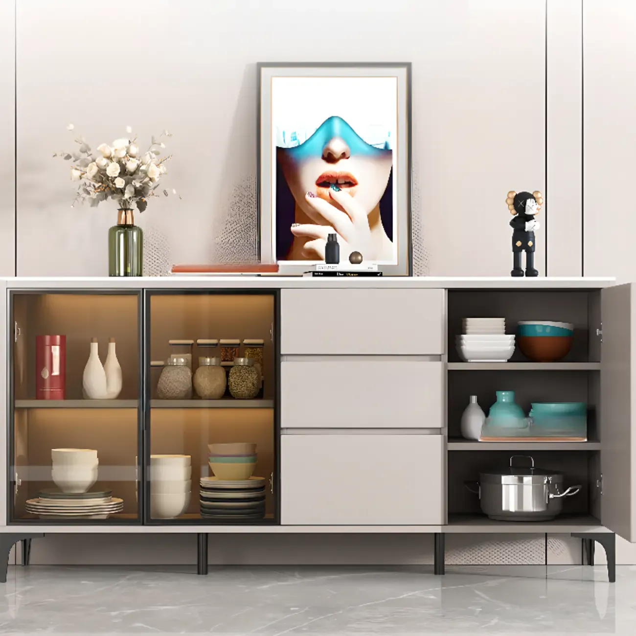 Modern Wood Buffet with Glass Doors Stone Top