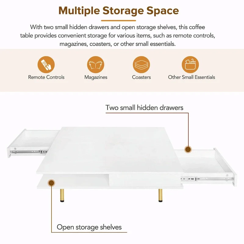 High Gloss Coffee Table: 4 Golden Legs, 2 Drawers, 2-Tier Square Design
