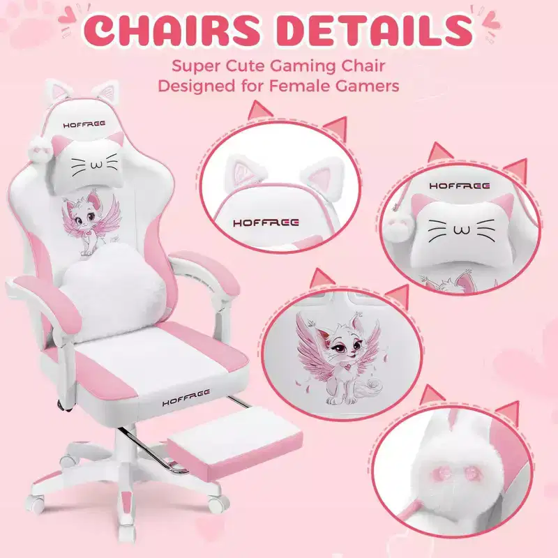 Hoffree Cute Pink Gaming Chair Girls Ergonomic Desk Chair with Footrest & Massage Lumbar