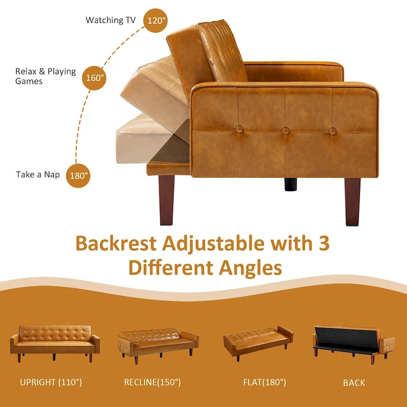 74.4 L Faux Leather Full Handcrafted Button Tufted Sofa 3-Seat, Convertible Sleeper Couch Adjustable Backrest