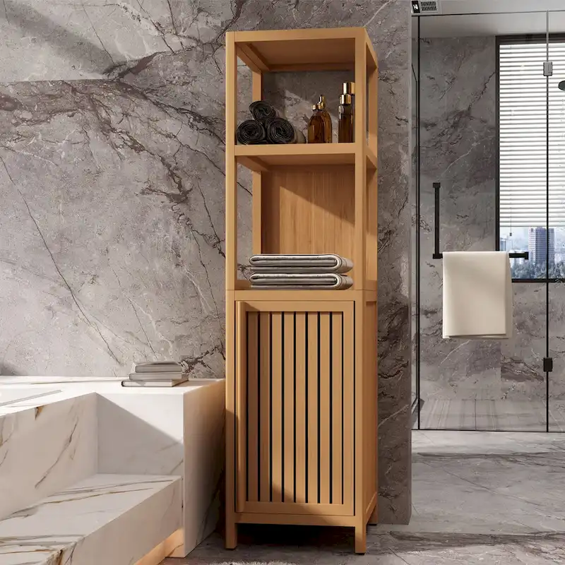 Storage Tall Slim Cabinet with Shutter Door and 3 Tier Shelves, Freestanding Linen Tower Cabinet