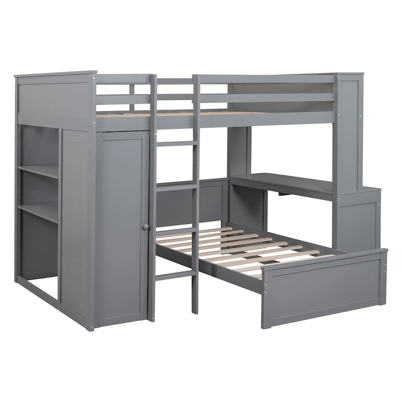 Full Size Loft Bed with Twin Size Stand-alone Bed, Desk and Wardrobe
