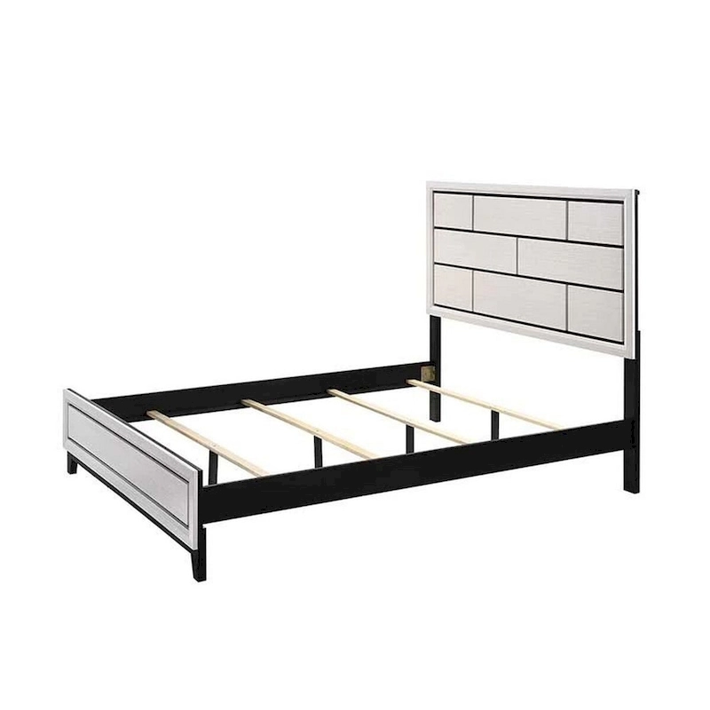 Asir Queen Size Bed, Geometric Panel Headboard, Modern White Wood Finish