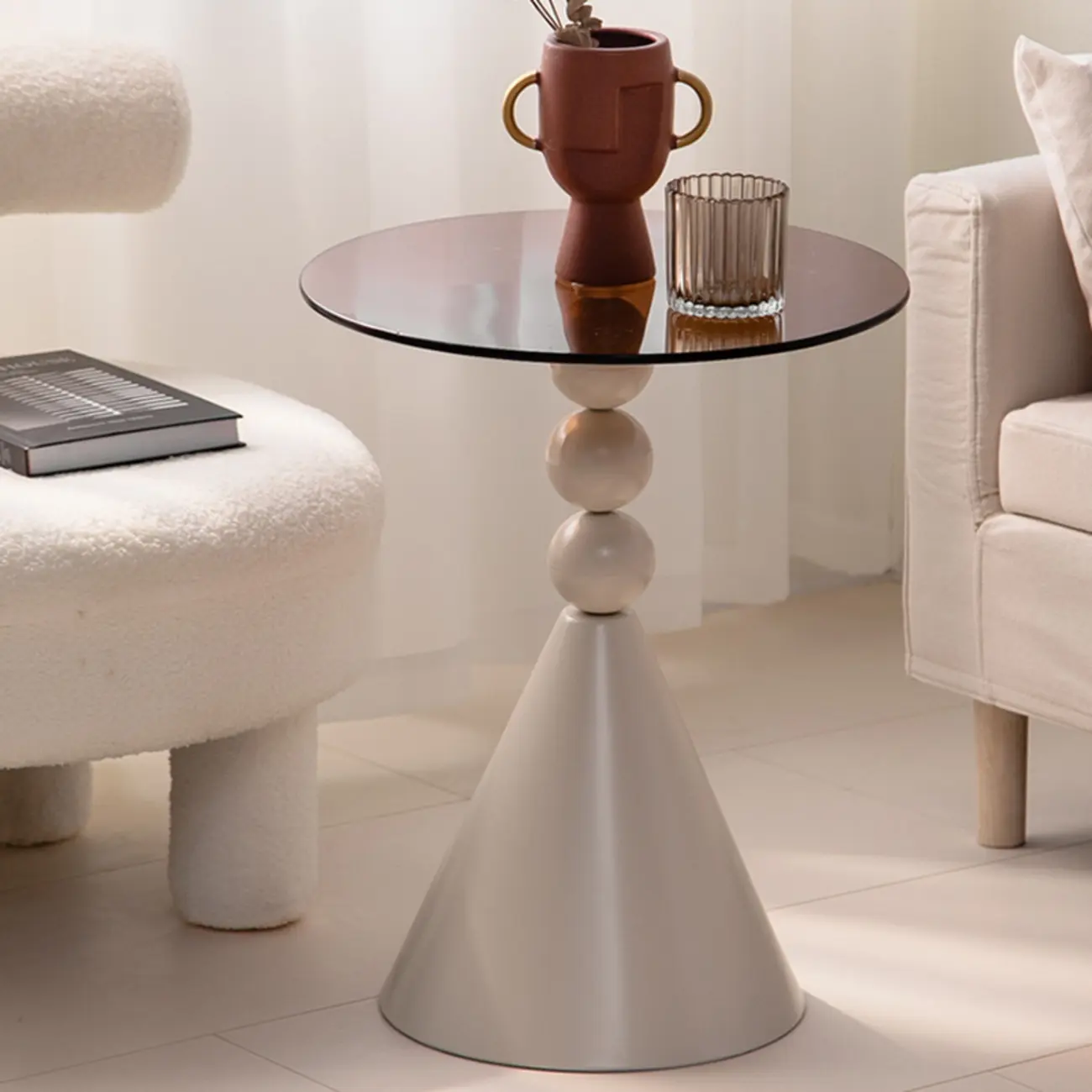 Elegant Glass Round End Table with Iron Pedestal Base