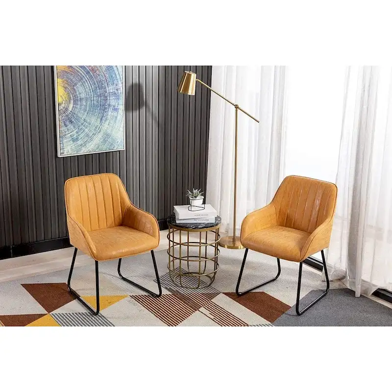 Synthetic Leather Dining Chairs Set of 2, Yellow Tan