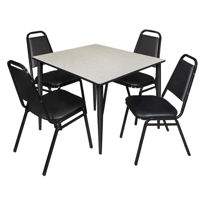 Kahlo 48 Square Breakroom Table- Maple/ Black & 4 Restaurant Stack Chairs- Black