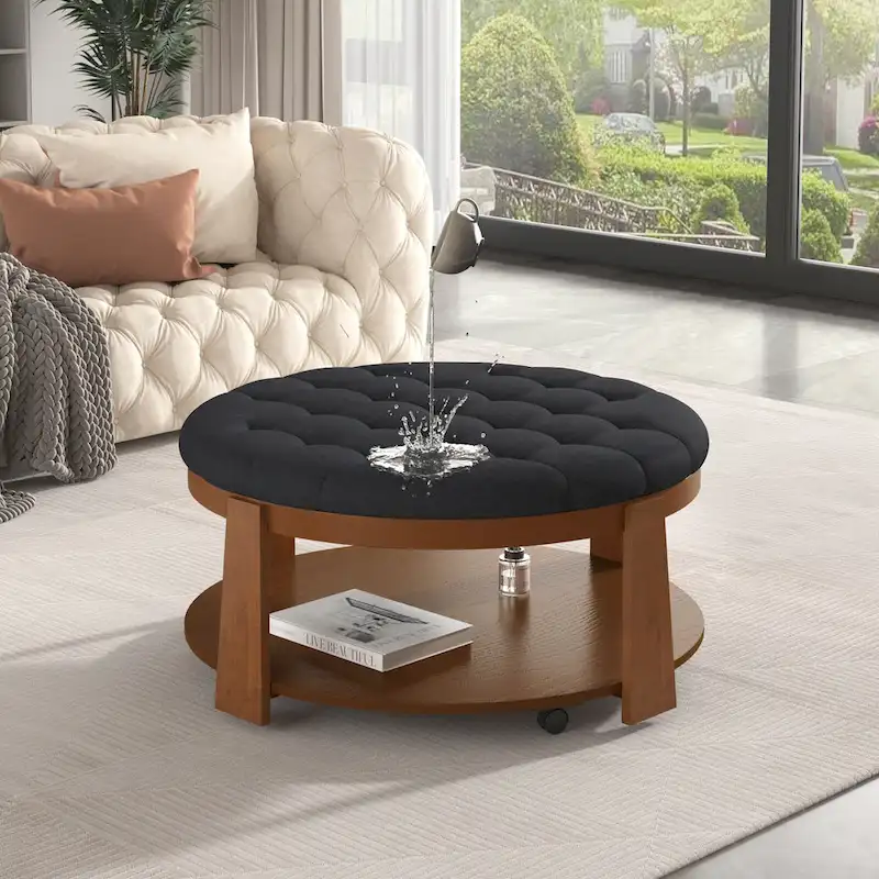 36 Round Button Tufted Upholstered Coffee Table with Wood Shelf and Wheel