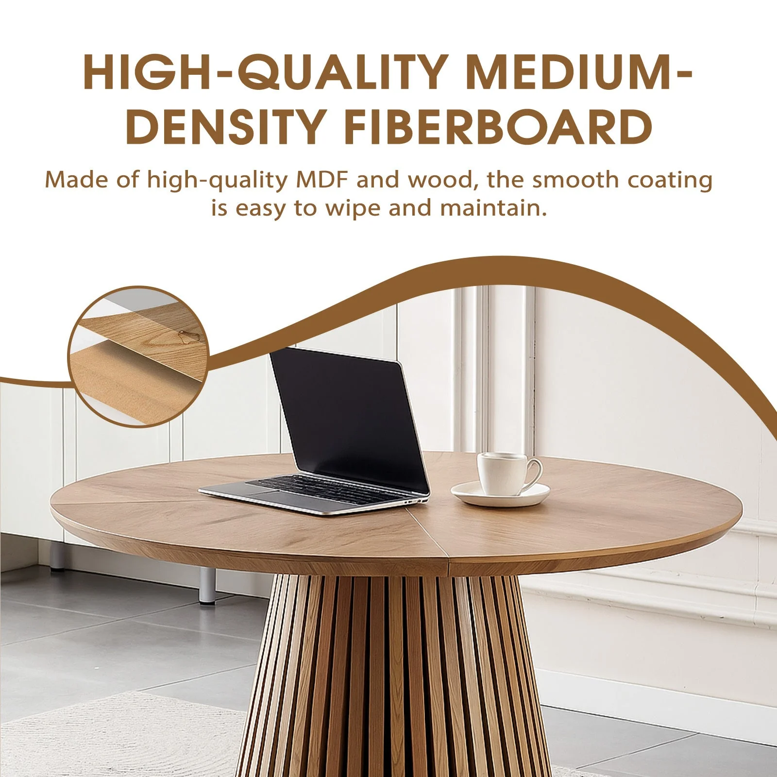 Modern Round Reeded Wooden Dining Table