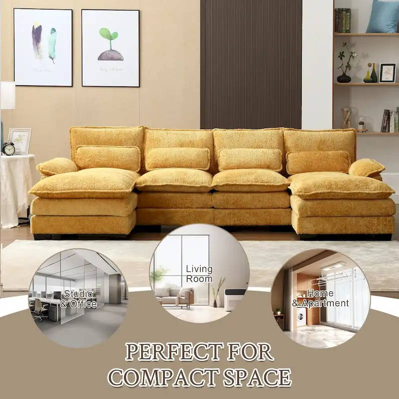 Chenille Upholstered U-Shaped Living Room Sectional Sofa With Wooden Legs