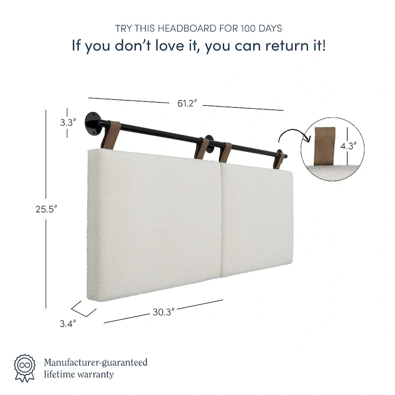 Charlie Wall Mount Boucle Upholstered Padded Headboard, Adjustable Height with Metal Rail