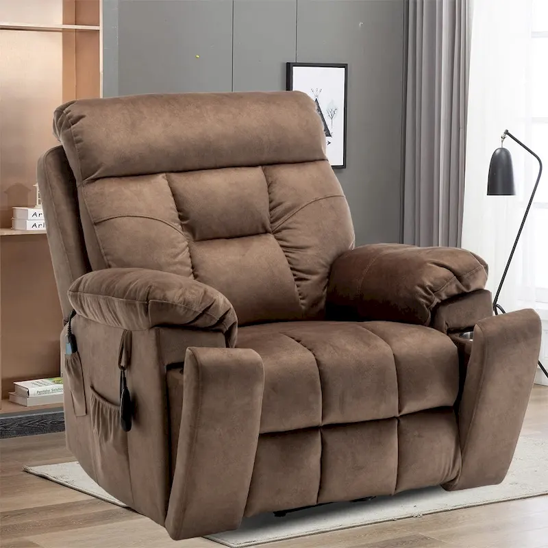 Power Lift Recliner, Massage & Heat, Velvet, 8-Point Massage, Cup Holder, Reclines 160°, Seats 1, Light/Dark Brown