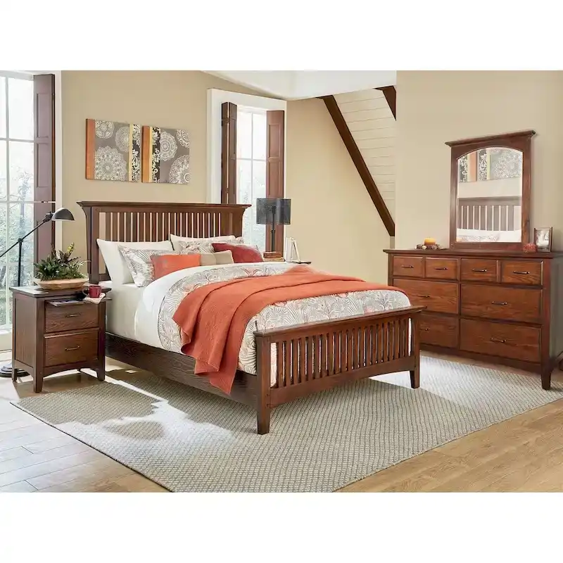 Modern Mission Queen Bedroom Set with 2 Nightstands and 1 Dresser with Mirror