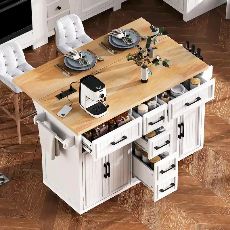 56.5 Kitchen Island with Drop Leaf and Charging Station, Rolling Kitchen Cart on Wheels with Drawers and Adjustable Shelves