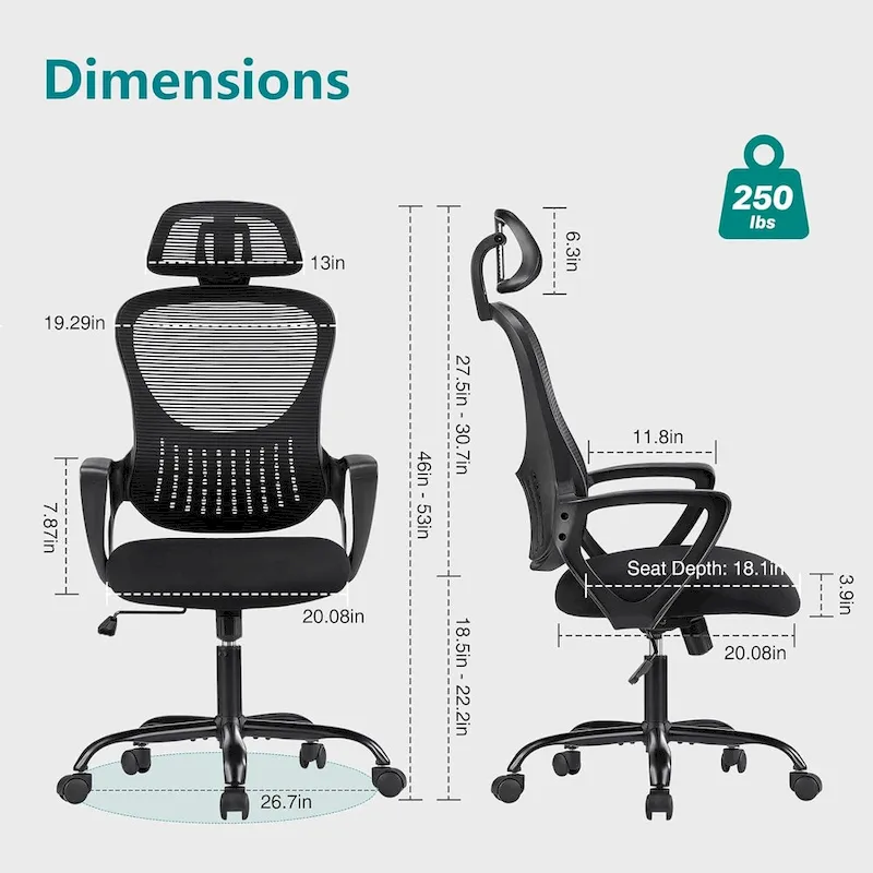 Ergonomic Office Chair, Comfy Computer Desk Chair Mesh High Back with Fixed Arms and Adjustable Headrest, Swivel Rolling Chair