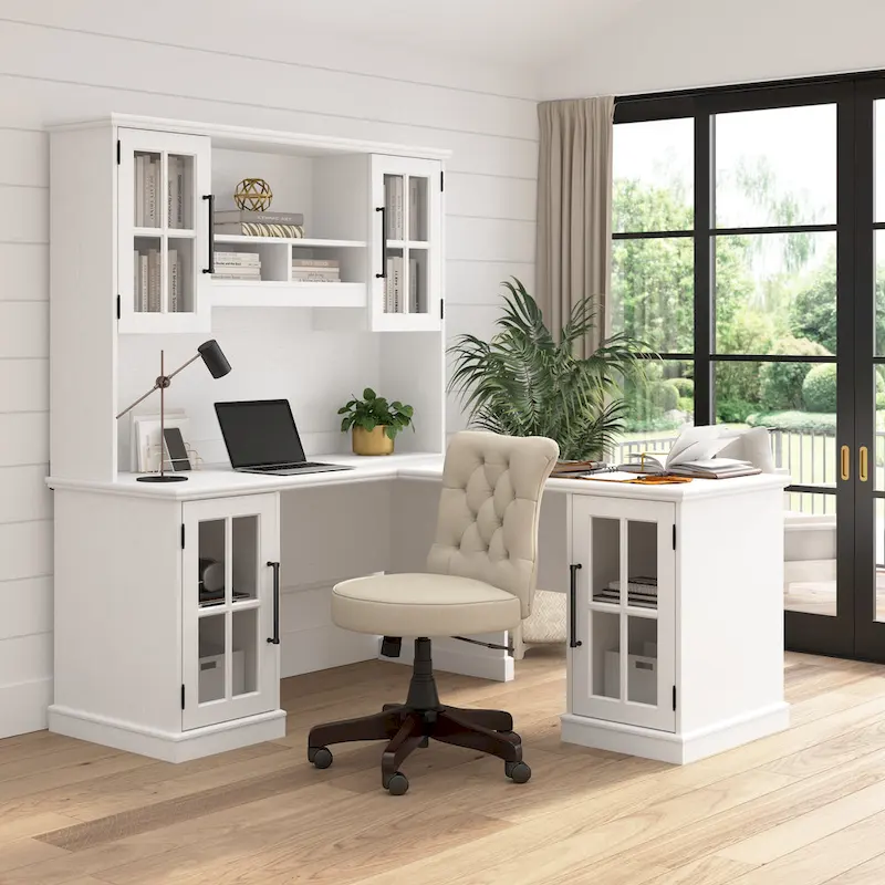 60W L Shaped Desk with Hutch and Storage