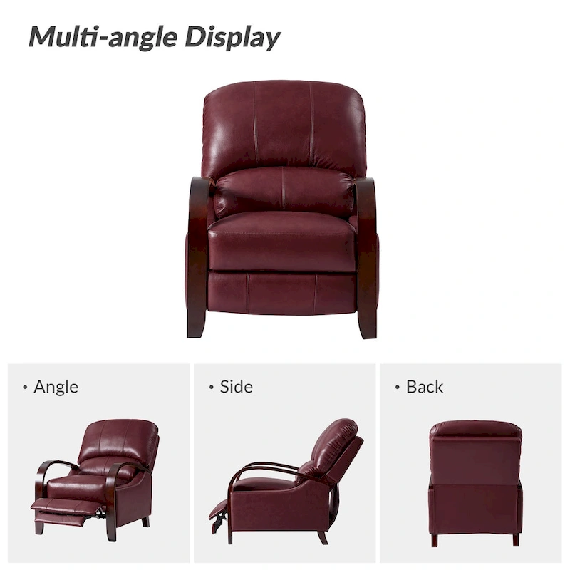 Alex Mid-century Modern Cigar Genuine Leather Manual Recliner with Wooden Curved Arms