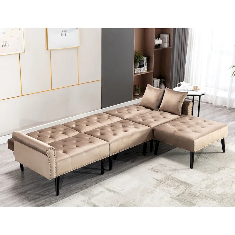 Convertible Velvet Sofa Couch, Sectional Sofa with Ottoman, Mid-Century Futon Sofa Bed - 32D x 100.7W x 29.9H