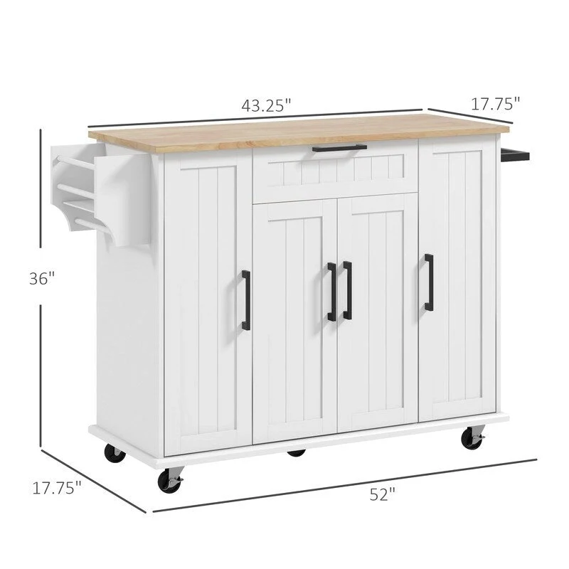 52Kitchen Island Rolling Kitchen Cart with Rubberwood Top,Spice Rack,Towel Rack,Drawer