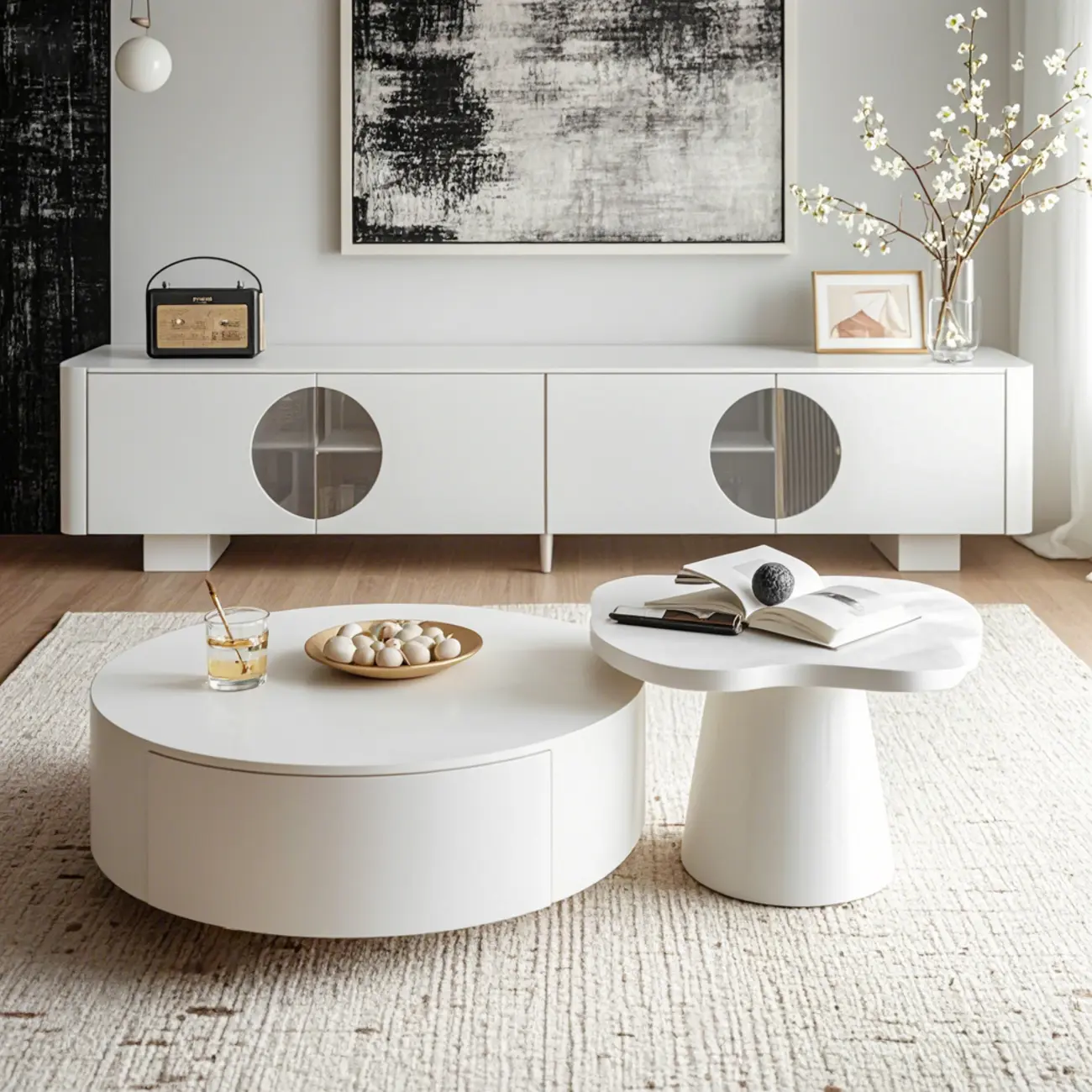 White Round Pedestal Modern Wood Drawer Coffee Table