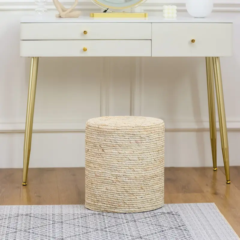 Adeco Round Ottoman Natural Cattail Hand Weave Foot Stool