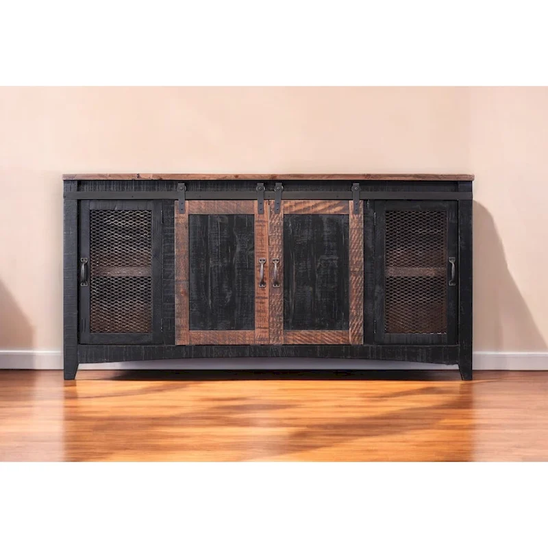 HomeRoots 68 Black Solid Wood Cabinet Enclosed Storage Distressed TV Stand - 67.75