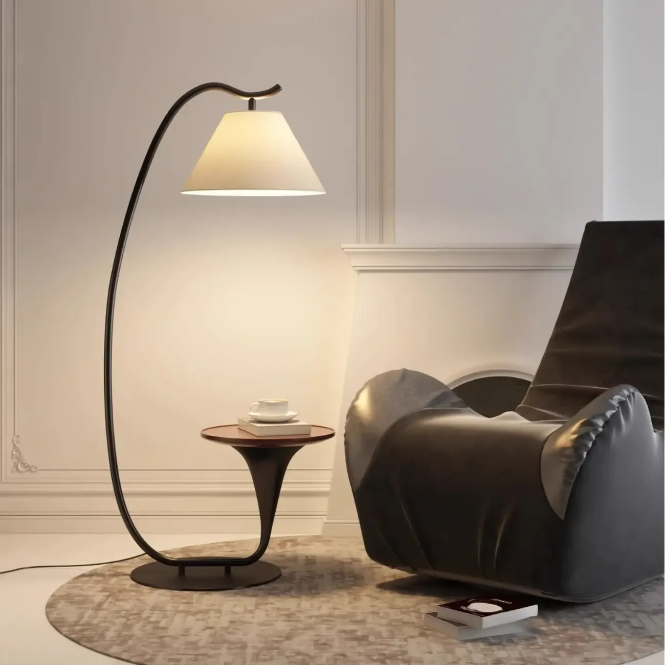 Minimalist Walnut Arc Floor Lamp with Table & Fabric Shade