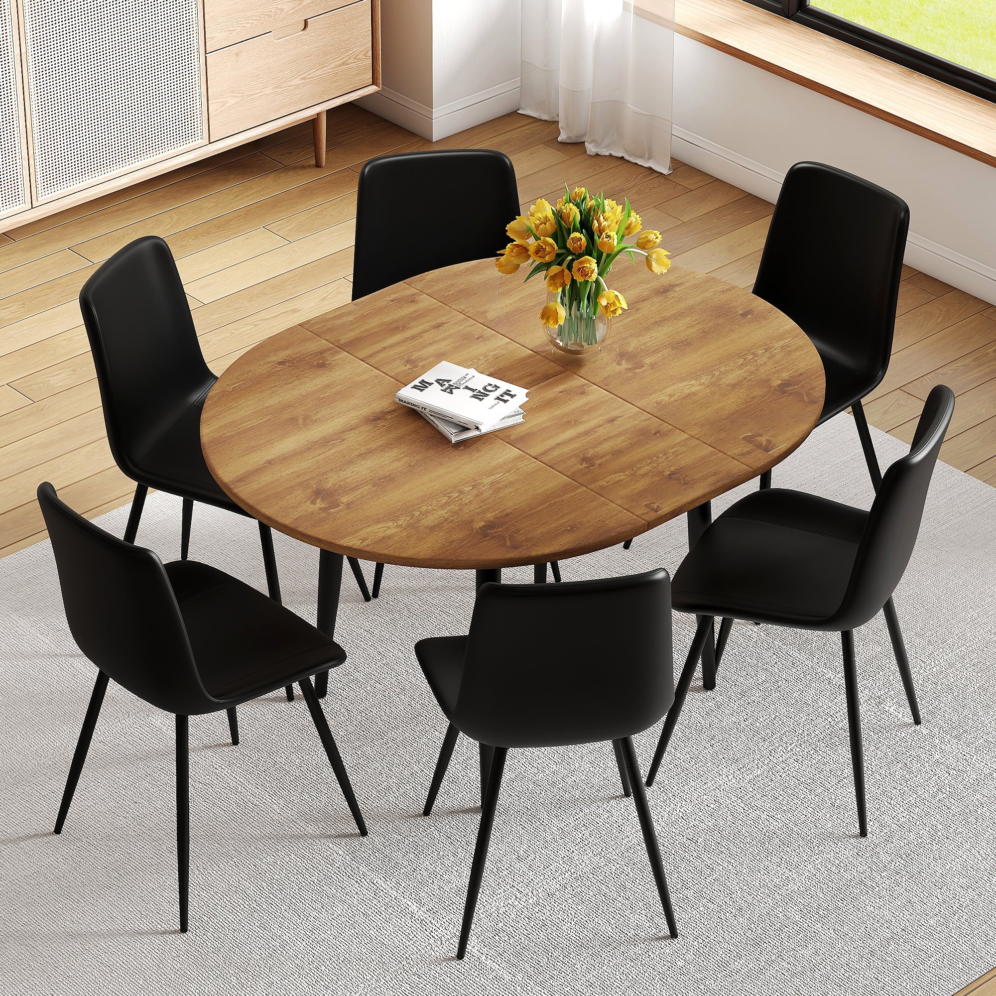 Modern Extendable Dining Table Set for 6 with PU Chairs