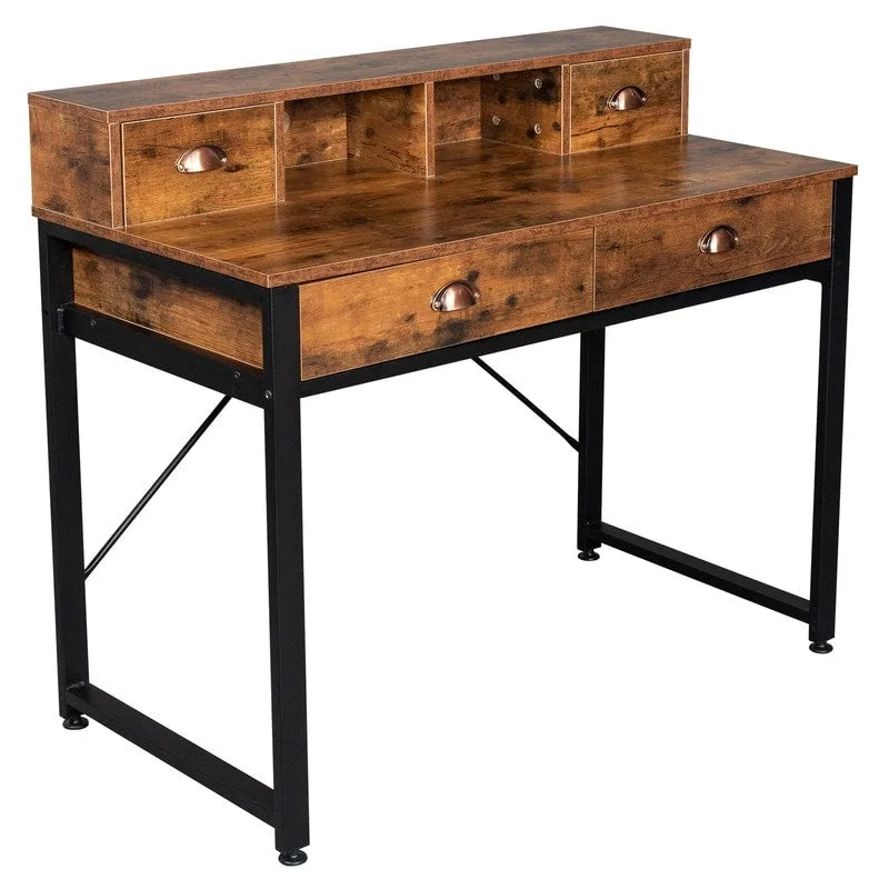 Black Steel Frame Particle Board 4 Drawers Computer Desk