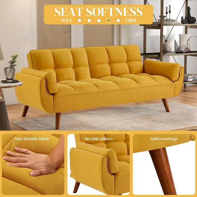 Linen Button-Tufted Loveseat Sofa, Beige/Grey/Black/Green/Yellow, Metal Legs, Seats 2