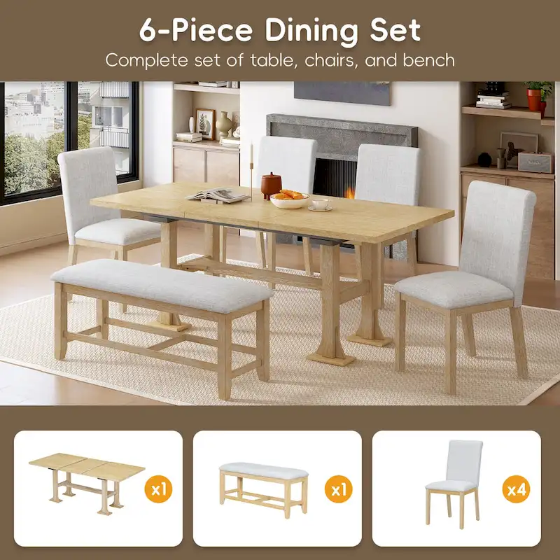 6-Piece Farmhouse Extendable Dining Set with Leaf & Bench