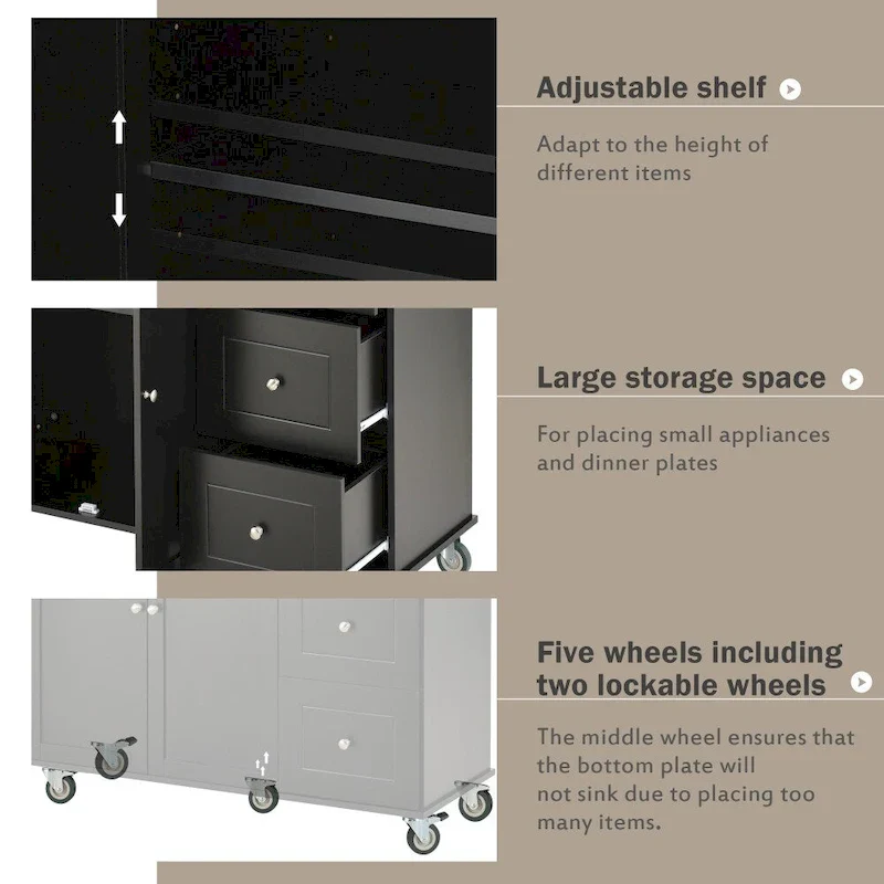 52.7 Rolling Mobile Kitchen Island with Solid Wood Top