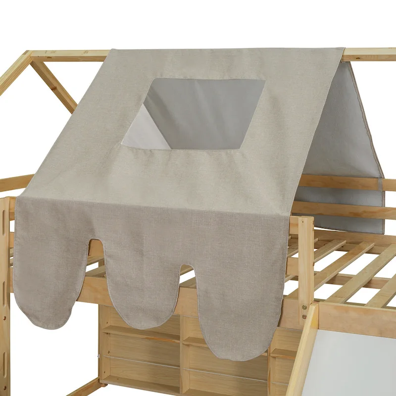 Full Loft Bed with Play Tent, House Design, Slide & Ladder